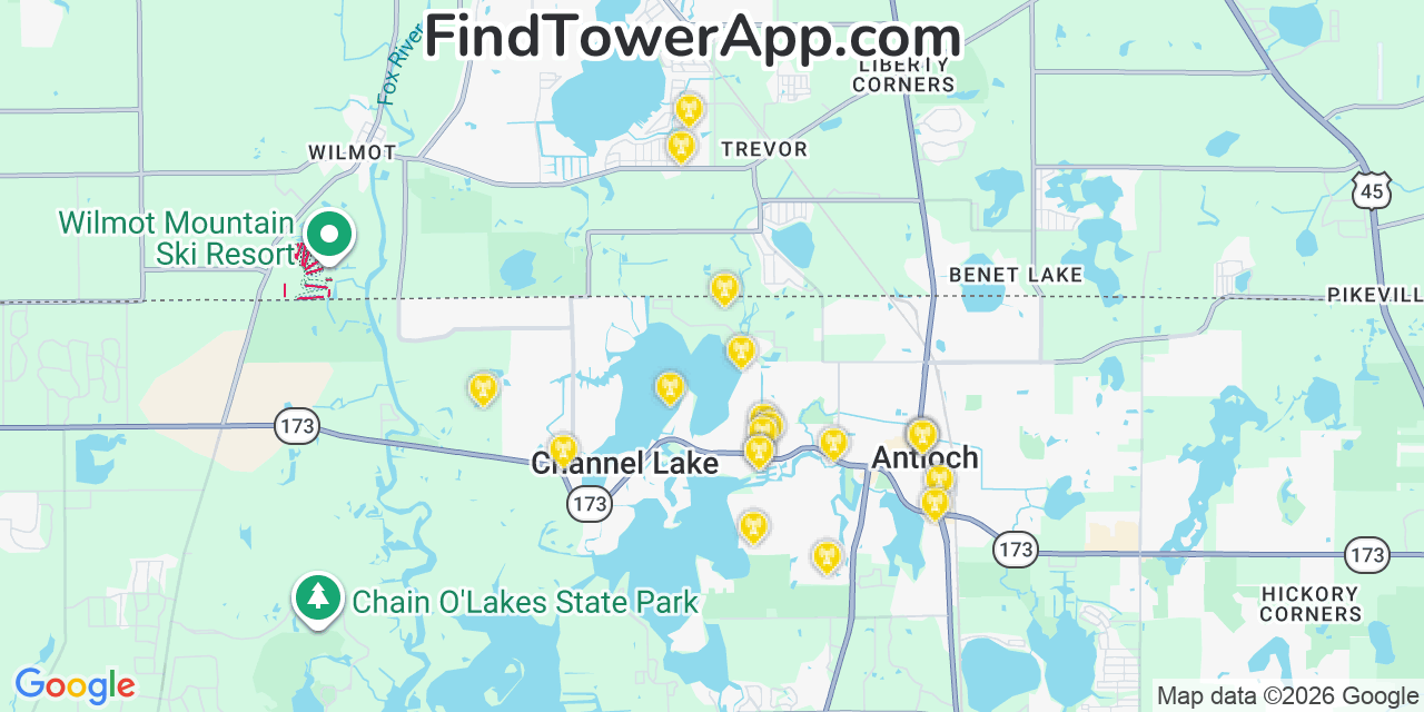 Map showing the 20 primary cell tower locations detected in Lake Catherine, Illinois from AT&T, Verizon, and T-Mobile networks