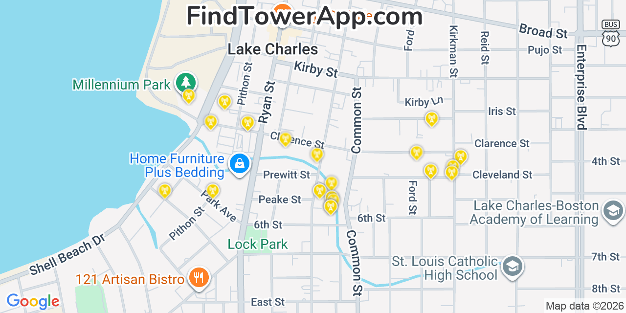 Map showing the 20 primary cell tower locations detected in Lake Charles, Louisiana from AT&T, Verizon, and T-Mobile networks