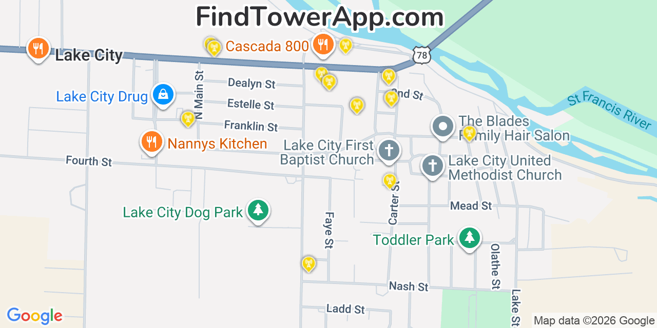 Map showing the 20 primary cell tower locations detected in Lake City, Arkansas from AT&T, Verizon, and T-Mobile networks