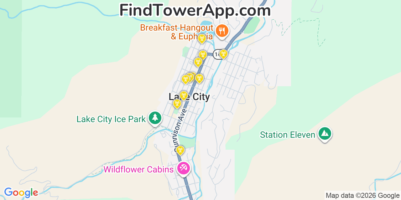 Map showing the 20 primary cell tower locations detected in Lake City, Colorado from AT&T, Verizon, and T-Mobile networks
