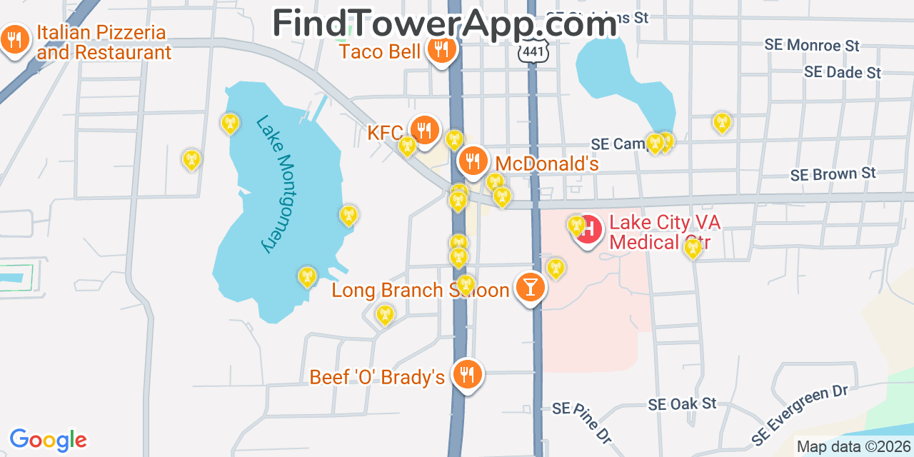 Map showing the 20 primary cell tower locations detected in Lake City, Florida from AT&T, Verizon, and T-Mobile networks