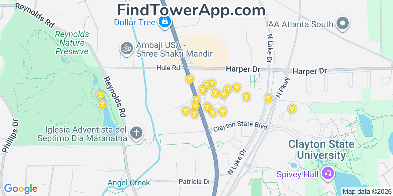 Map showing the 20 primary cell tower locations detected in Lake City, Georgia from AT&T, Verizon, and T-Mobile networks