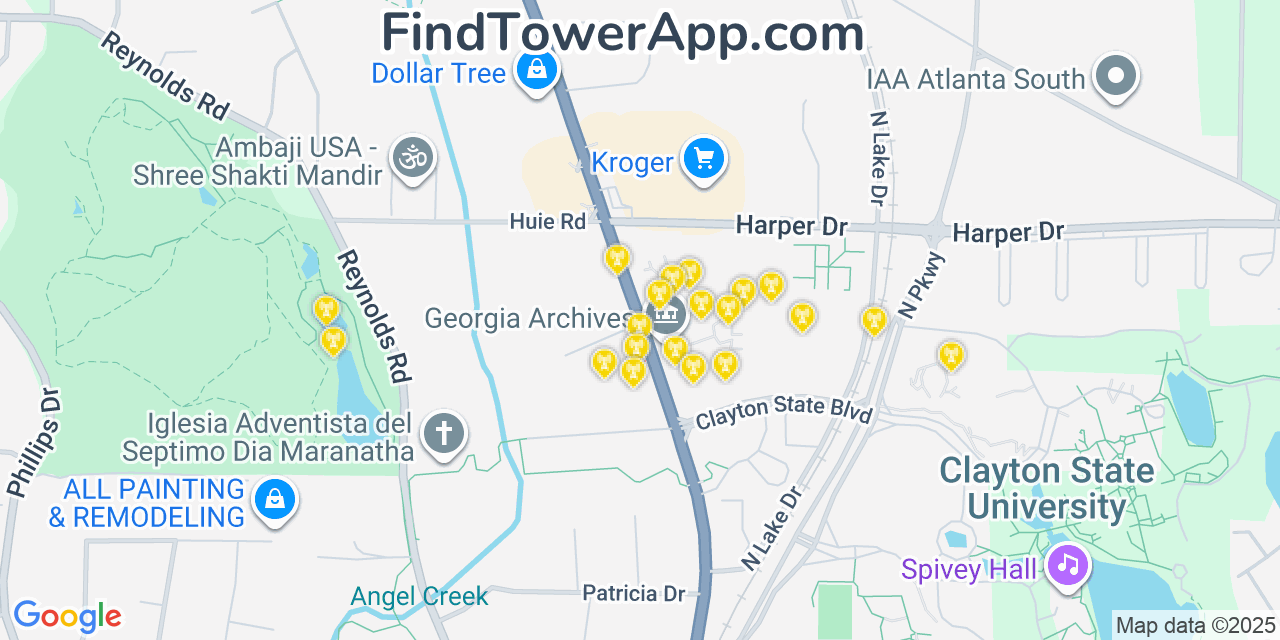 Map showing the 20 primary Mobitel cell tower locations detected in Lake City, Georgia with coverage radius and signal strength indicators