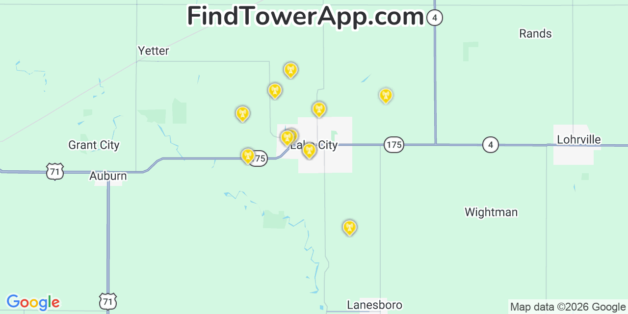 Map showing the 20 primary cell tower locations detected in Lake City, Iowa from AT&T, Verizon, and T-Mobile networks