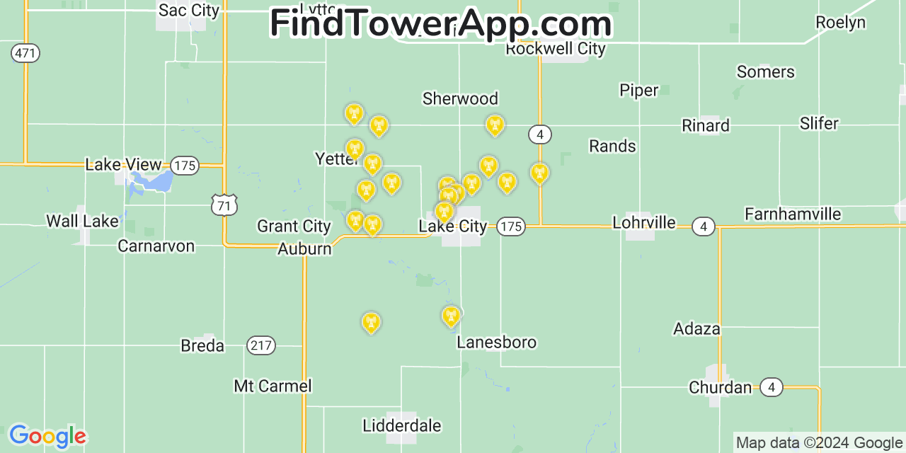 Verizon 4G/5G cell tower coverage map Lake City, Iowa