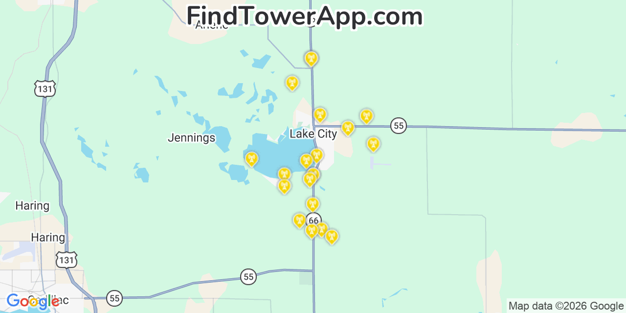 Map showing the 20 primary cell tower locations detected in Lake City, Michigan from AT&T, Verizon, and T-Mobile networks