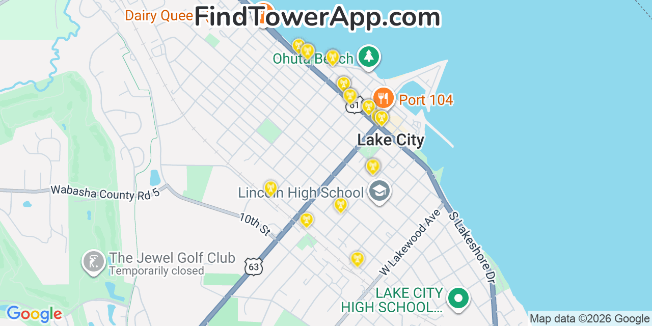 Map showing the 20 primary cell tower locations detected in Lake City, Minnesota from AT&T, Verizon, and T-Mobile networks