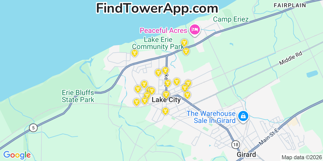 Map showing the 20 primary cell tower locations detected in Lake City, Pennsylvania from AT&T, Verizon, and T-Mobile networks