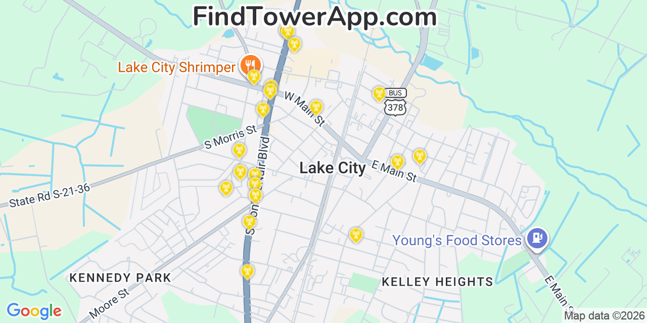 Map showing the 20 primary cell tower locations detected in Lake City, South Carolina from AT&T, Verizon, and T-Mobile networks