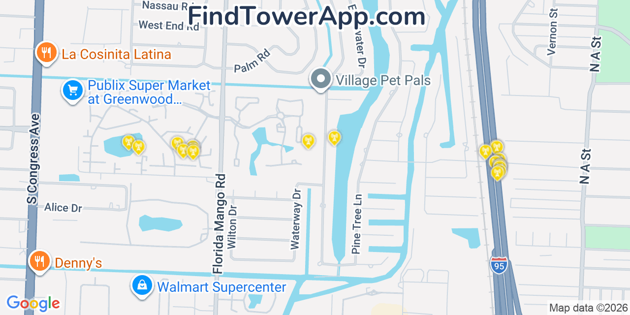 Map showing the 20 primary cell tower locations detected in Lake Clarke Shores, Florida from AT&T, Verizon, and T-Mobile networks