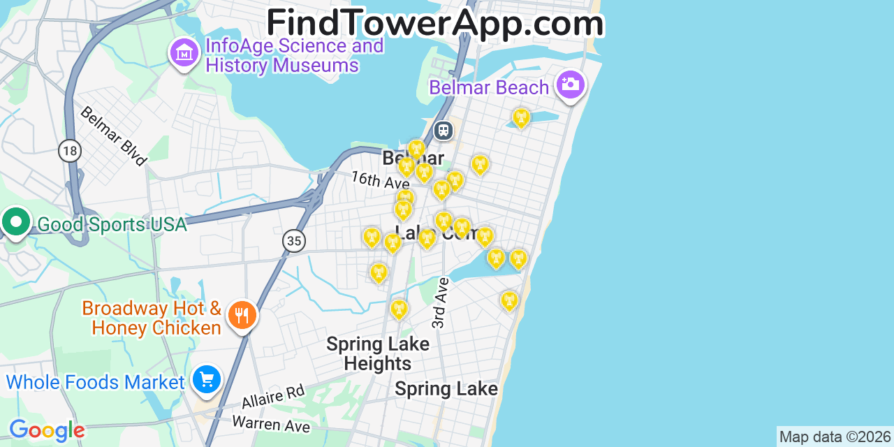 Map showing the 20 primary cell tower locations detected in Lake Como, New Jersey from AT&T, Verizon, and T-Mobile networks