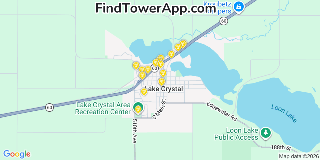 Map showing the 20 primary cell tower locations detected in Lake Crystal, Minnesota from AT&T, Verizon, and T-Mobile networks