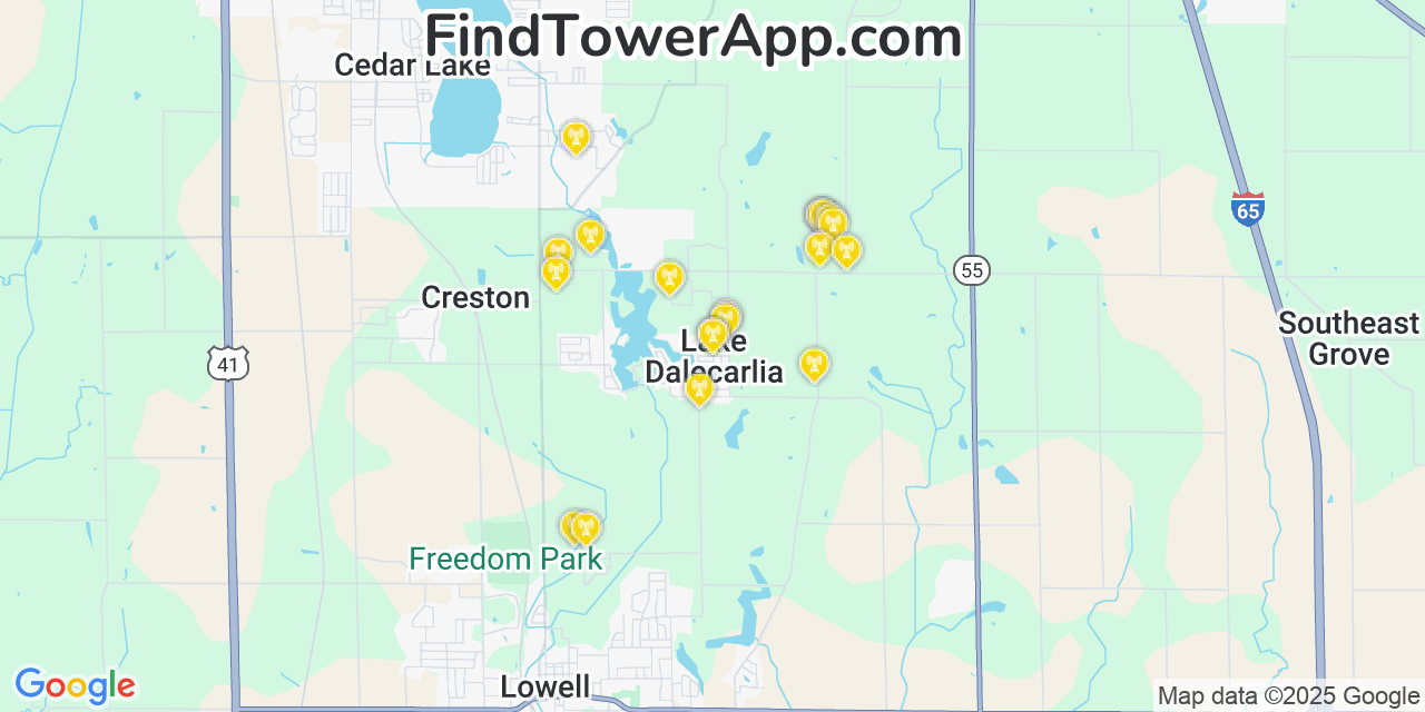 Map showing the 20 primary cell tower locations detected in Lake Dalecarlia, Indiana from AT&T, Verizon, and T-Mobile networks