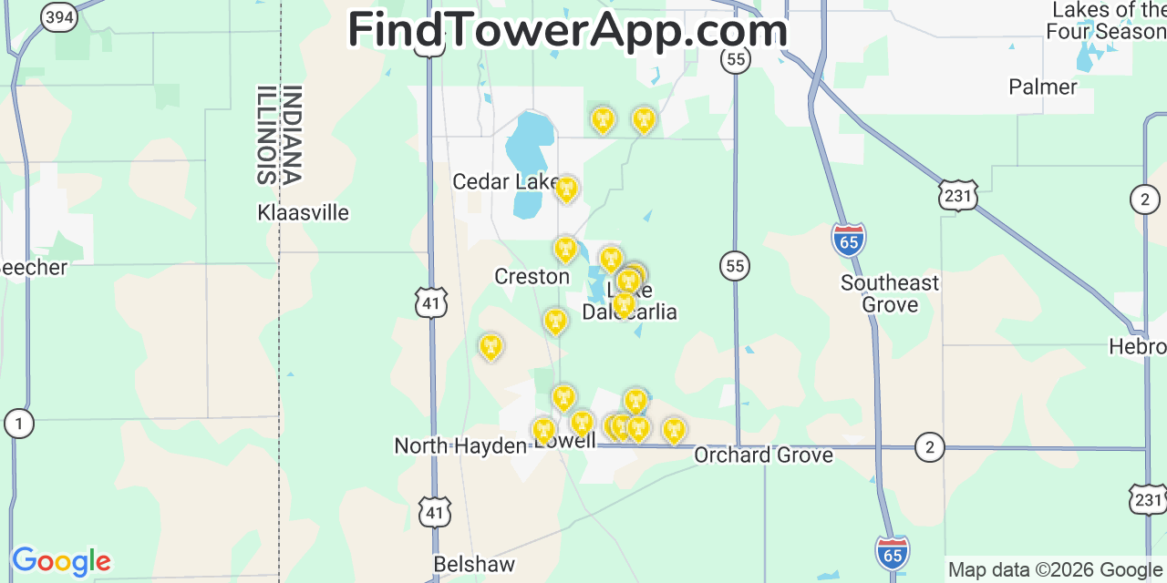 Map showing the 20 primary cell tower locations detected in Lake Dalecarlia, Indiana from AT&T, Verizon, and T-Mobile networks