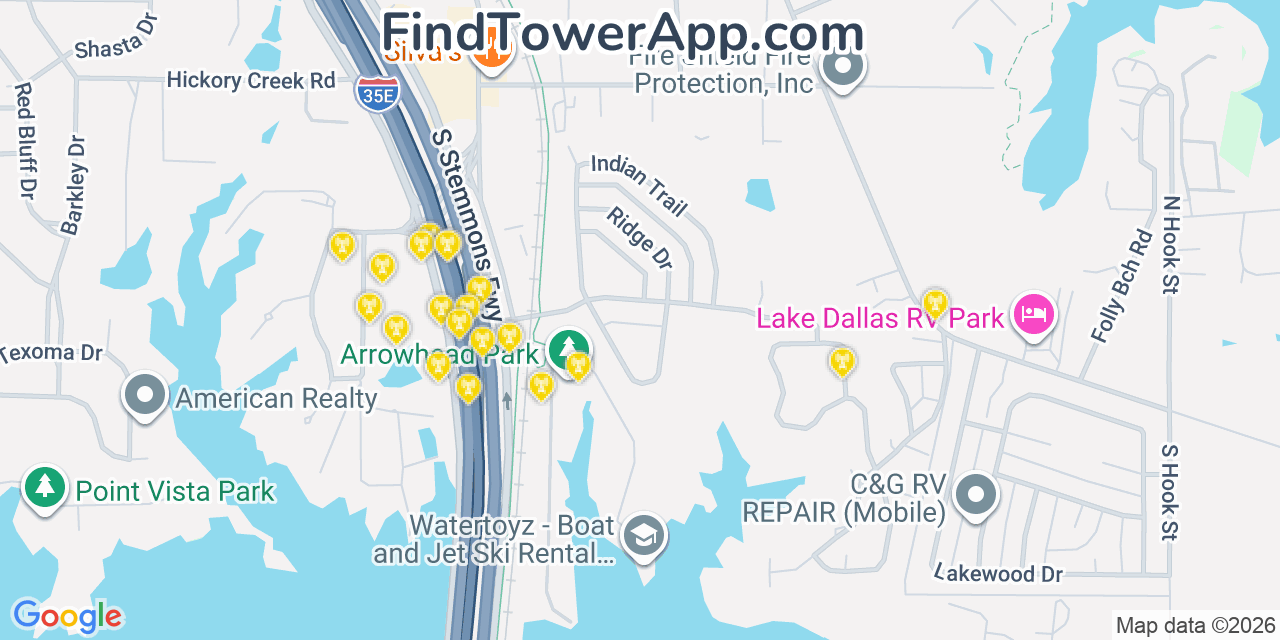 Map showing the 20 primary cell tower locations detected in Lake Dallas, Texas from AT&T, Verizon, and T-Mobile networks