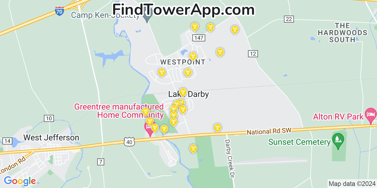 AT&T 4G/5G cell tower coverage map Lake Darby, Ohio