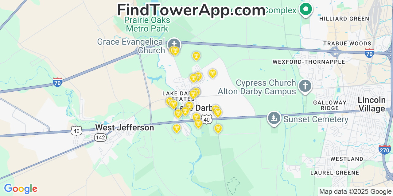 Map showing the 20 primary cell tower locations detected in Lake Darby, Ohio from AT&T, Verizon, and T-Mobile networks