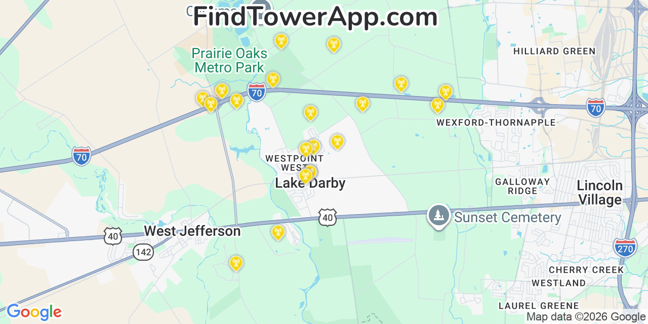 Map showing the 20 primary cell tower locations detected in Lake Darby, Ohio from AT&T, Verizon, and T-Mobile networks