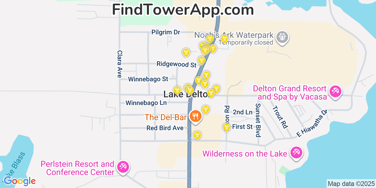 Map showing the 20 primary cell tower locations detected in Lake Delton, Wisconsin from AT&T, Verizon, and T-Mobile networks
