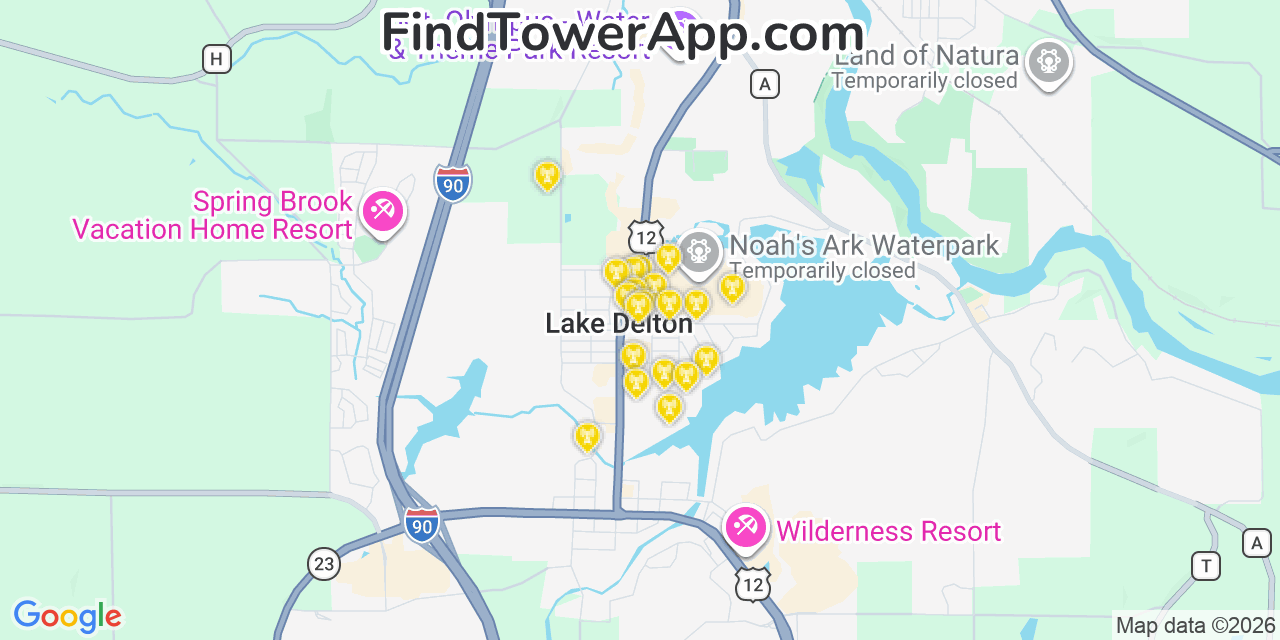 Map showing the 20 primary cell tower locations detected in Lake Delton, Wisconsin from AT&T, Verizon, and T-Mobile networks