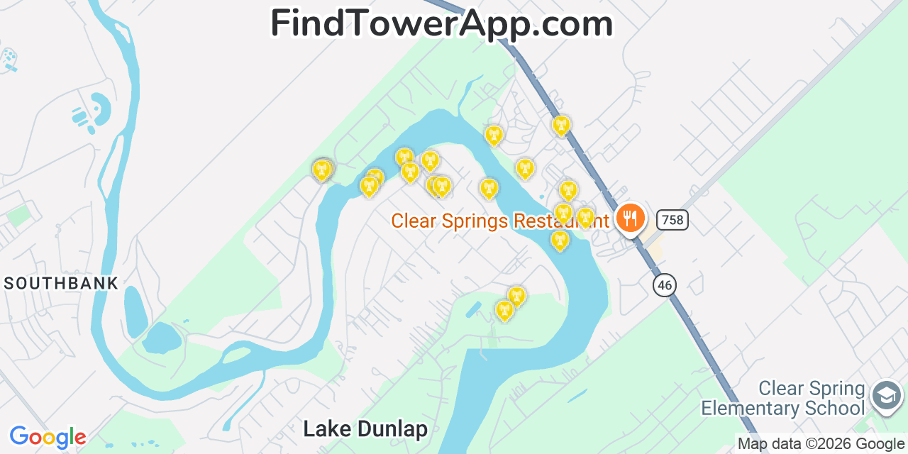Map showing the 20 primary cell tower locations detected in Lake Dunlap, Texas from AT&T, Verizon, and T-Mobile networks