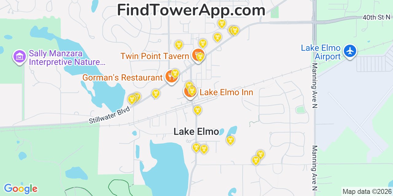 Map showing the 20 primary cell tower locations detected in Lake Elmo, Minnesota from AT&T, Verizon, and T-Mobile networks