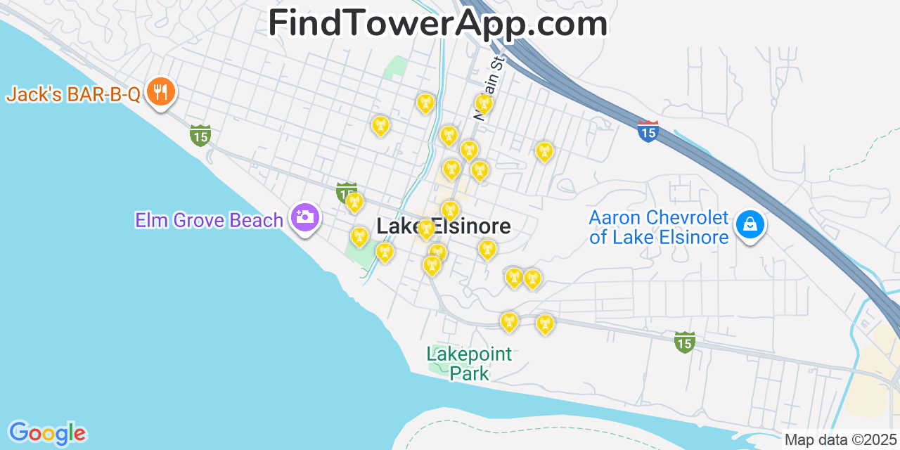 Map showing the 20 primary cell tower locations detected in Lake Elsinore, California from AT&T, Verizon, and T-Mobile networks