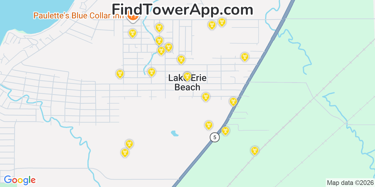 Map showing the 20 primary cell tower locations detected in Lake Erie Beach, New York from AT&T, Verizon, and T-Mobile networks