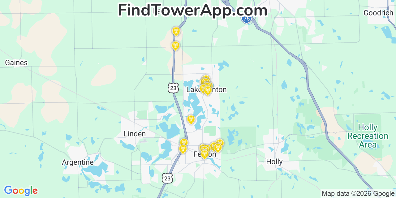 Map showing the 20 primary cell tower locations detected in Lake Fenton, Michigan from AT&T, Verizon, and T-Mobile networks