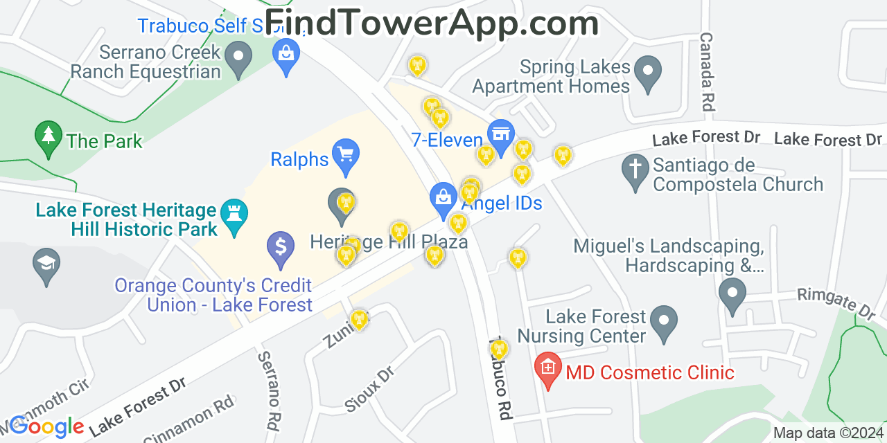 AT&T 4G/5G cell tower coverage map Lake Forest, California