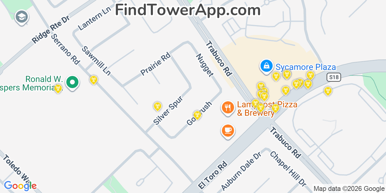 Map showing the 20 primary cell tower locations detected in Lake Forest, California from AT&T, Verizon, and T-Mobile networks
