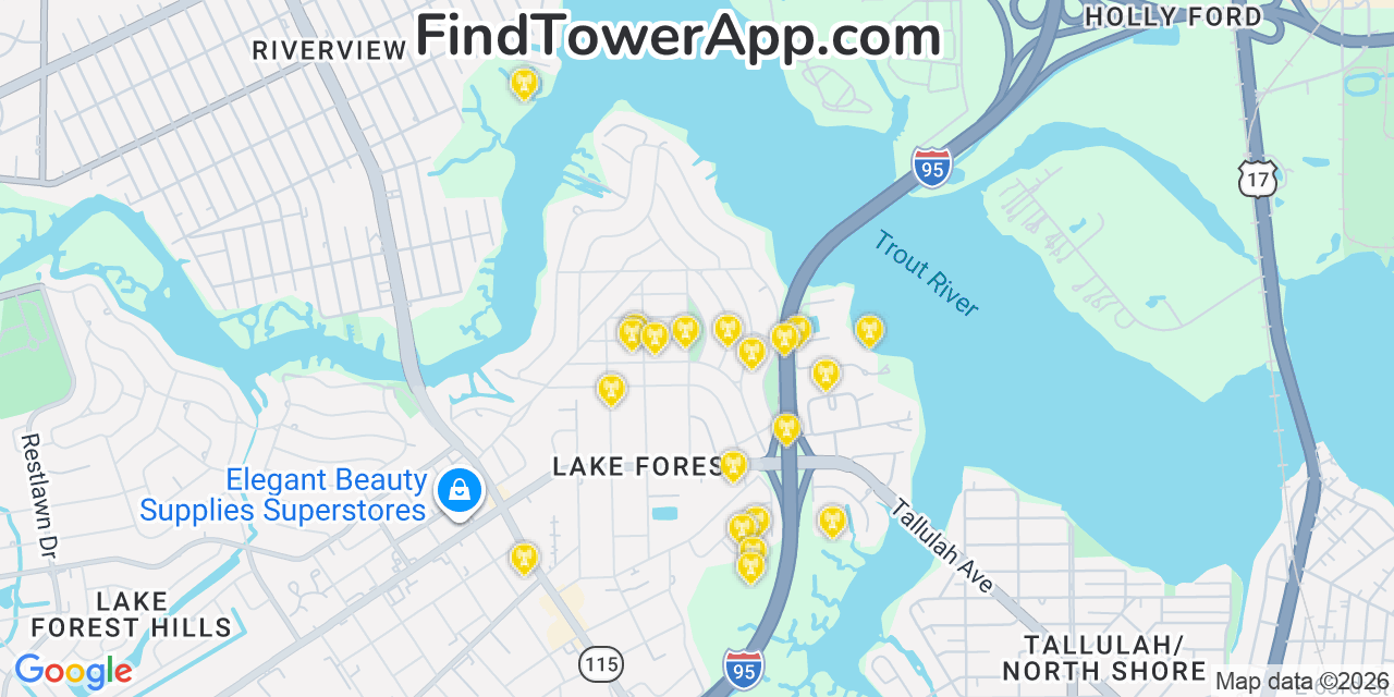 Map showing the 20 primary cell tower locations detected in Lake Forest, Florida from AT&T, Verizon, and T-Mobile networks