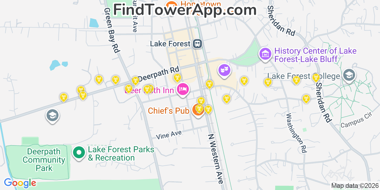 Map showing the 20 primary cell tower locations detected in Lake Forest, Illinois from AT&T, Verizon, and T-Mobile networks