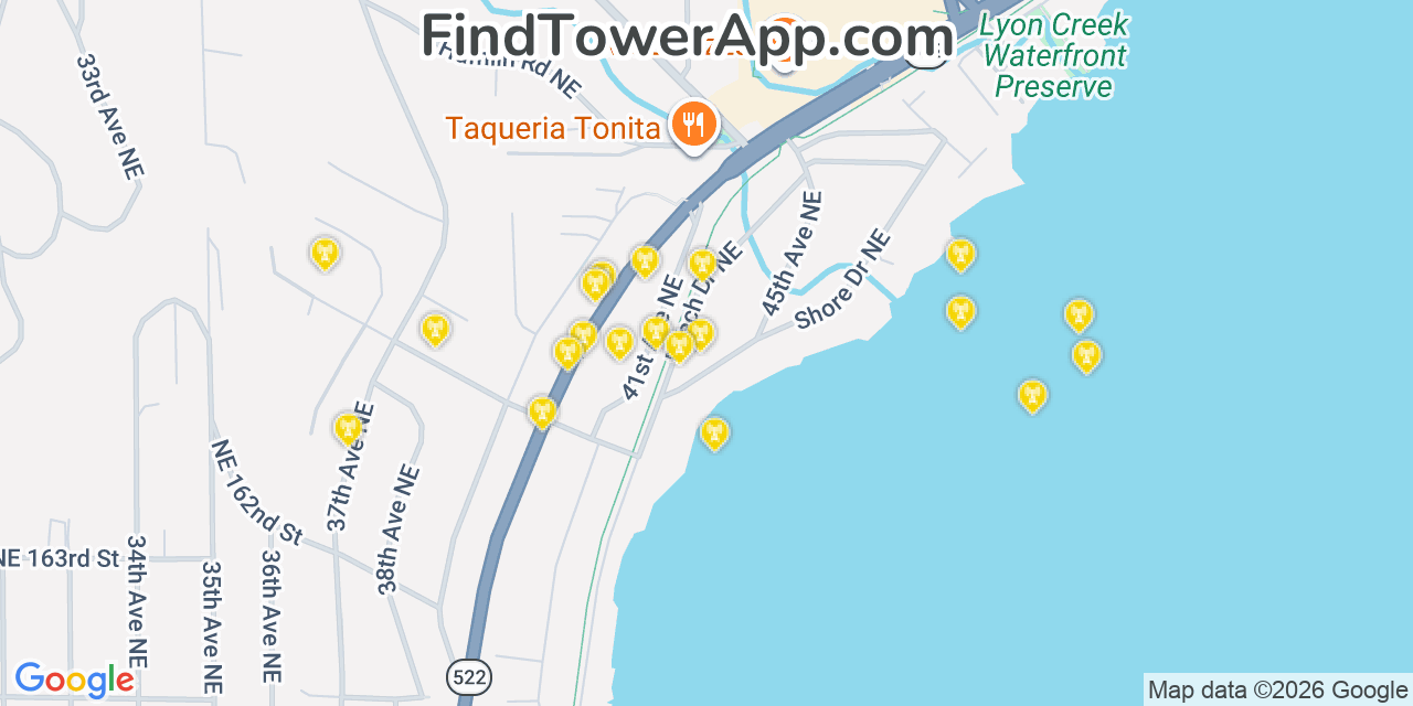 Map showing the 20 primary cell tower locations detected in Lake Forest Park, Washington from AT&T, Verizon, and T-Mobile networks