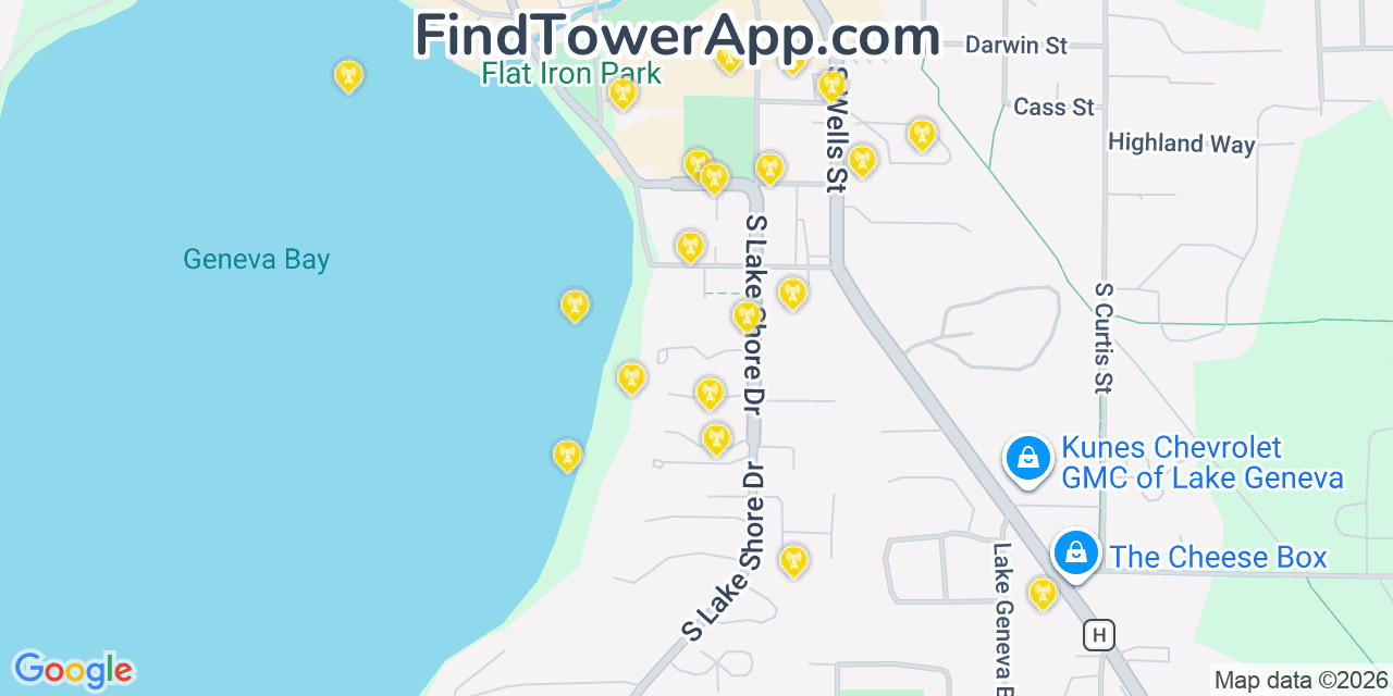 Map showing the 20 primary cell tower locations detected in Lake Geneva, Wisconsin from AT&T, Verizon, and T-Mobile networks