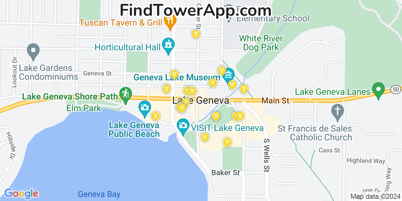 Verizon 4G/5G cell tower coverage map Lake Geneva, Wisconsin