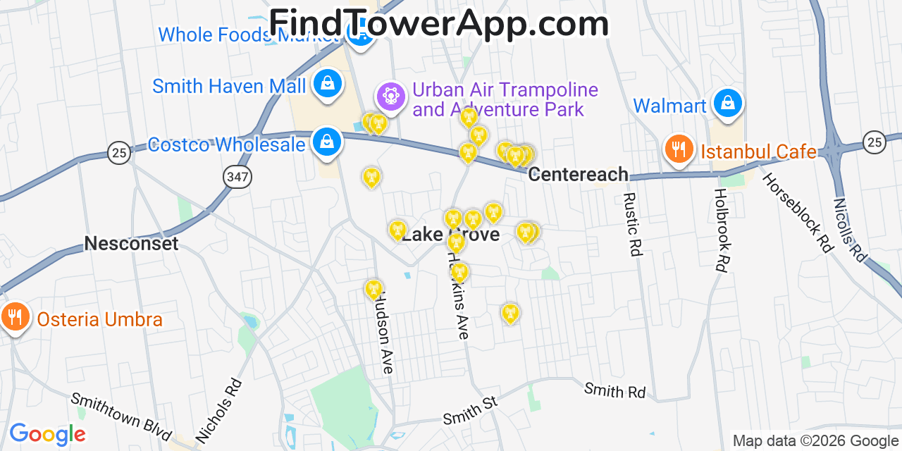 Map showing the 20 primary cell tower locations detected in Lake Grove, New York from AT&T, Verizon, and T-Mobile networks