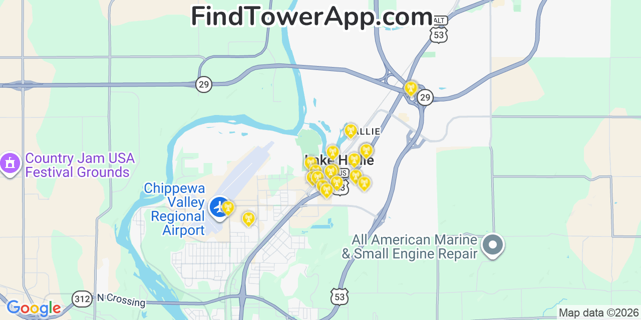 Map showing the 20 primary cell tower locations detected in Lake Hallie, Wisconsin from AT&T, Verizon, and T-Mobile networks