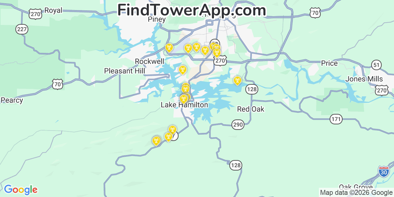 Map showing the 20 primary cell tower locations detected in Lake Hamilton, Arkansas from AT&T, Verizon, and T-Mobile networks