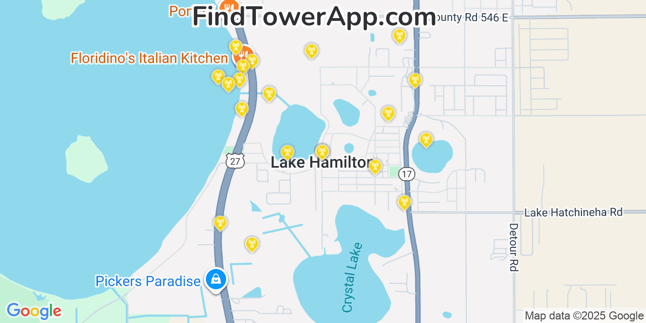 Map showing the 20 primary cell tower locations detected in Lake Hamilton, Florida from AT&T, Verizon, and T-Mobile networks