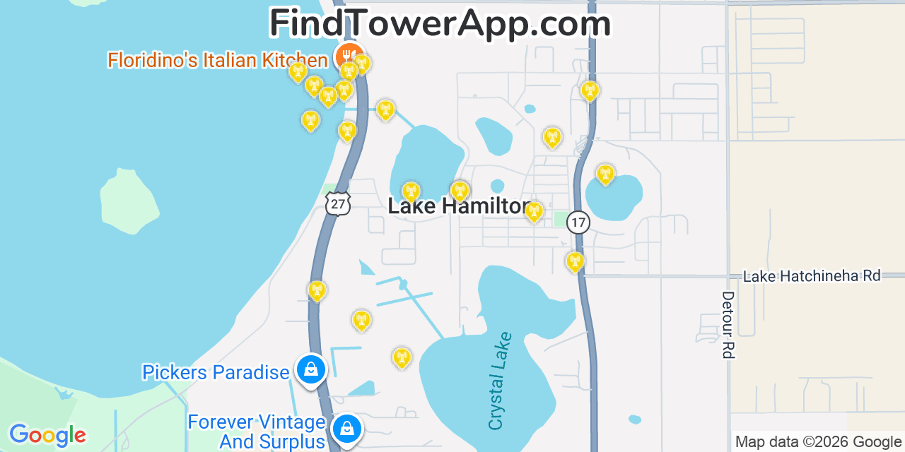 Map showing the 20 primary cell tower locations detected in Lake Hamilton, Florida from AT&T, Verizon, and T-Mobile networks
