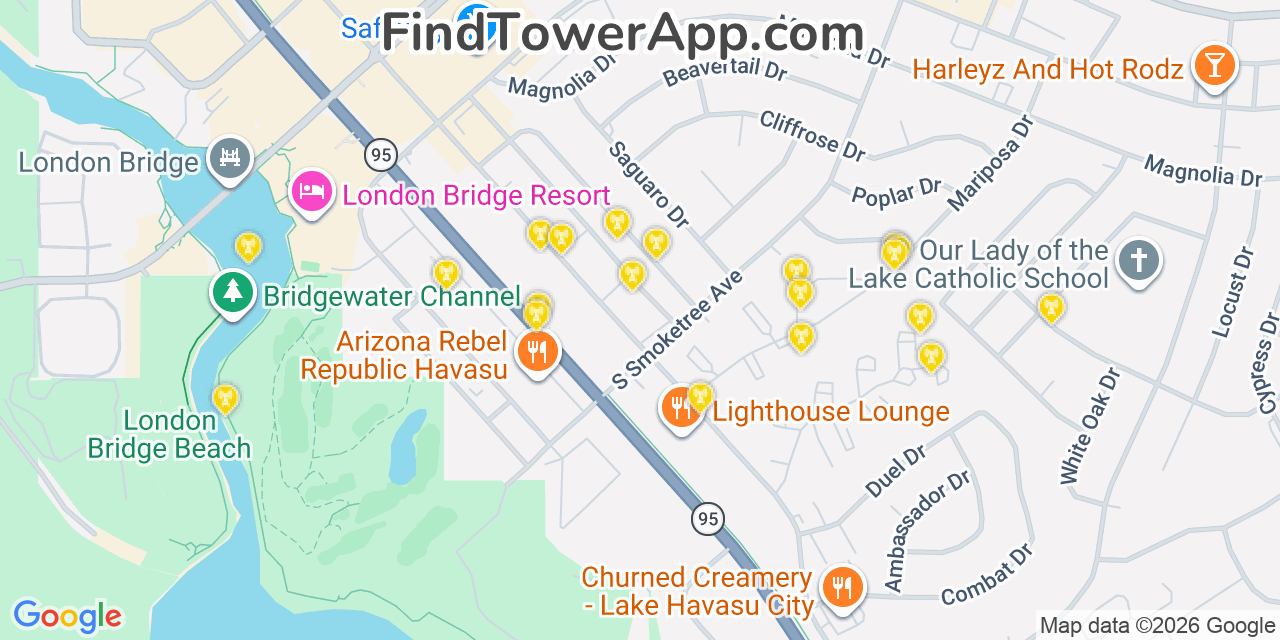 Map showing the 20 primary cell tower locations detected in Lake Havasu City, Arizona from AT&T, Verizon, and T-Mobile networks