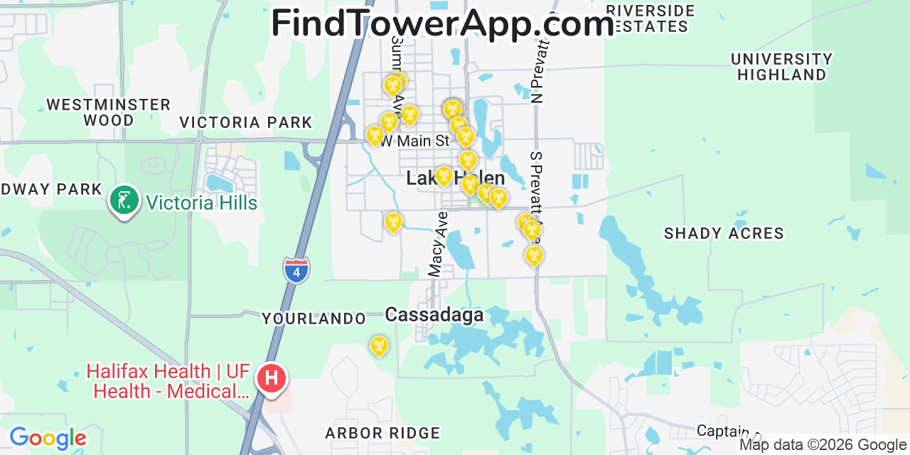 Map showing the 20 primary cell tower locations detected in Lake Helen, Florida from AT&T, Verizon, and T-Mobile networks