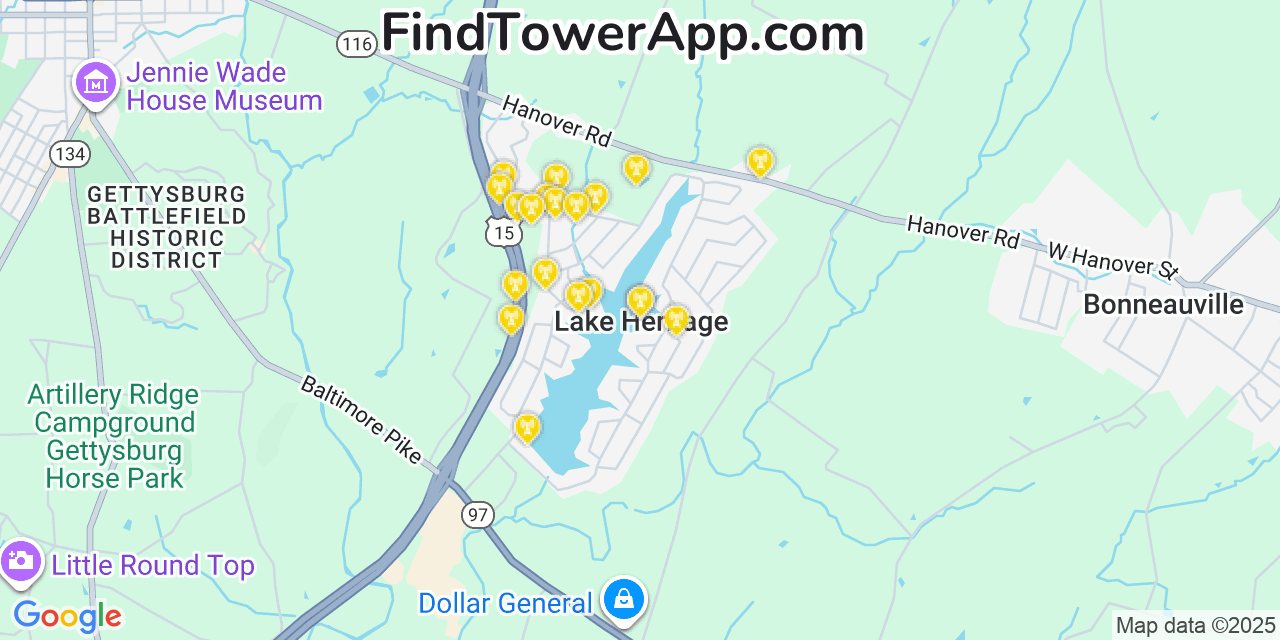 Map showing the 20 primary cell tower locations detected in Lake Heritage, Pennsylvania from AT&T, Verizon, and T-Mobile networks