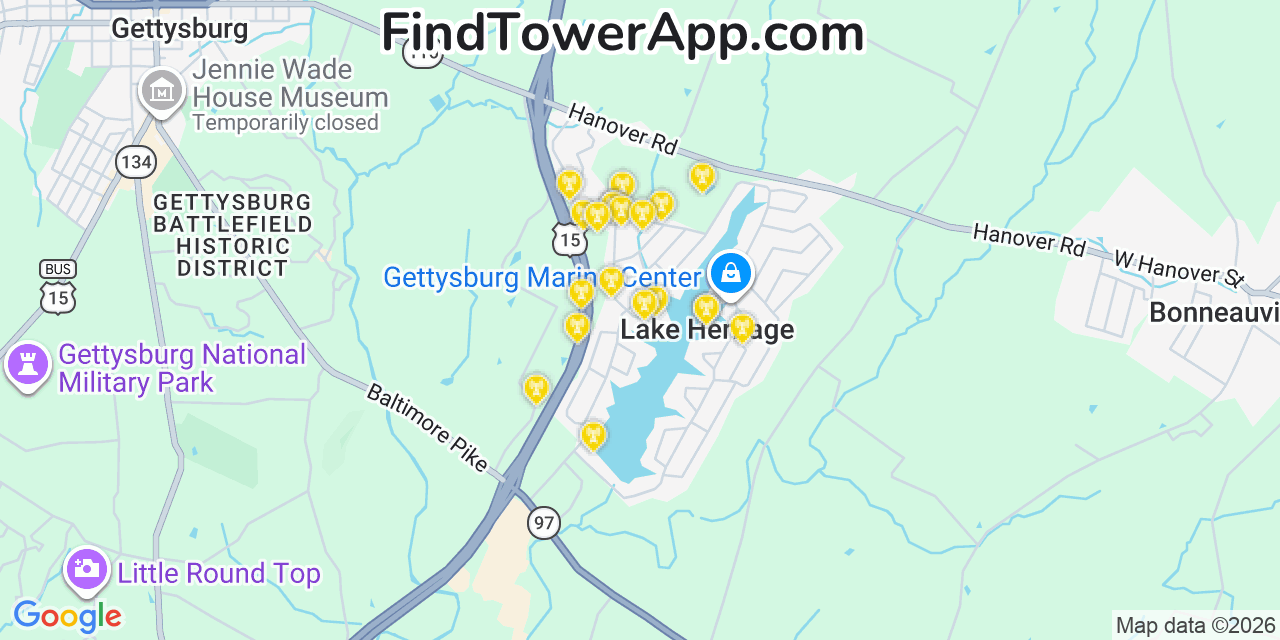 Map showing the 20 primary cell tower locations detected in Lake Heritage, Pennsylvania from AT&T, Verizon, and T-Mobile networks