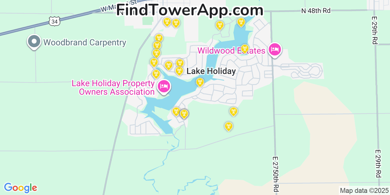 Map showing the 20 primary cell tower locations detected in Lake Holiday, Illinois from AT&T, Verizon, and T-Mobile networks
