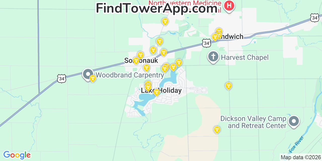 Map showing the 20 primary cell tower locations detected in Lake Holiday, Illinois from AT&T, Verizon, and T-Mobile networks