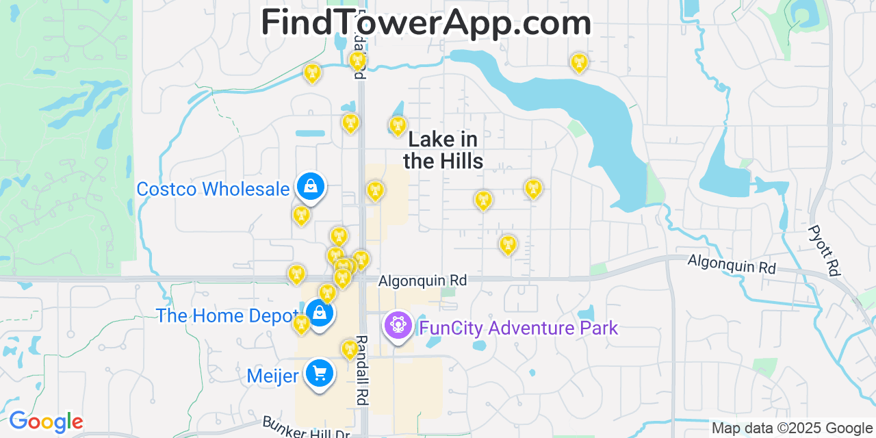 Map showing the 20 primary AT&T cell tower locations detected in Lake In The Hills, Illinois with coverage radius and signal strength indicators