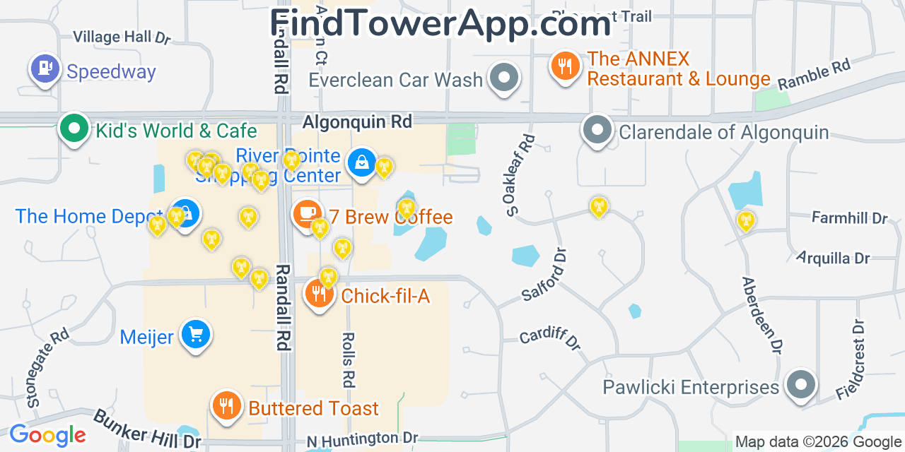 Map showing the 20 primary cell tower locations detected in Lake In The Hills, Illinois from AT&T, Verizon, and T-Mobile networks