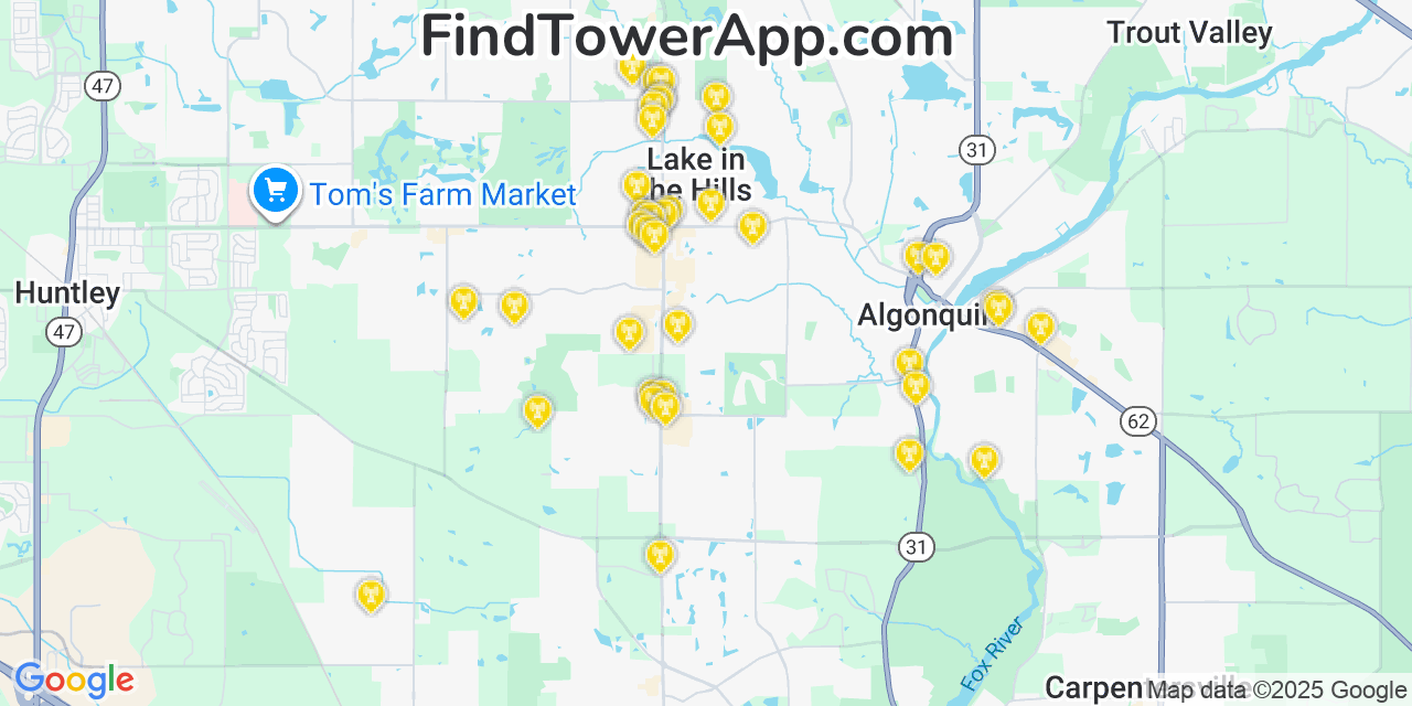 Map showing the 39 primary T-Mobile cell tower locations detected in Lake In The Hills, Illinois with coverage radius and signal strength indicators